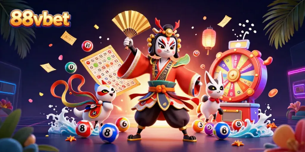 Experience 88vbet's vibrant lottery atmosphere with kabuki warriors and colorful prize elements.