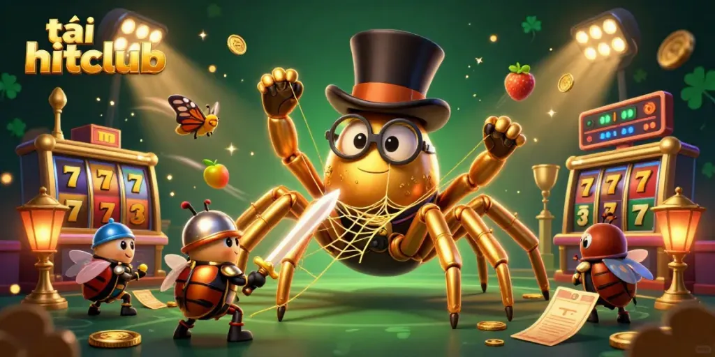 Experience excitement by tải hitclub with golden tarantula weaving between vibrant casino elements.