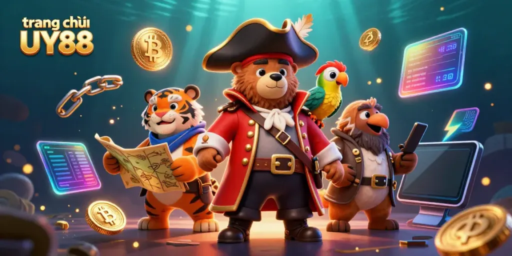 Experience the thrilling actions of gambling at trang chủ UY88, featuring exciting pirate characters and crypto coins.