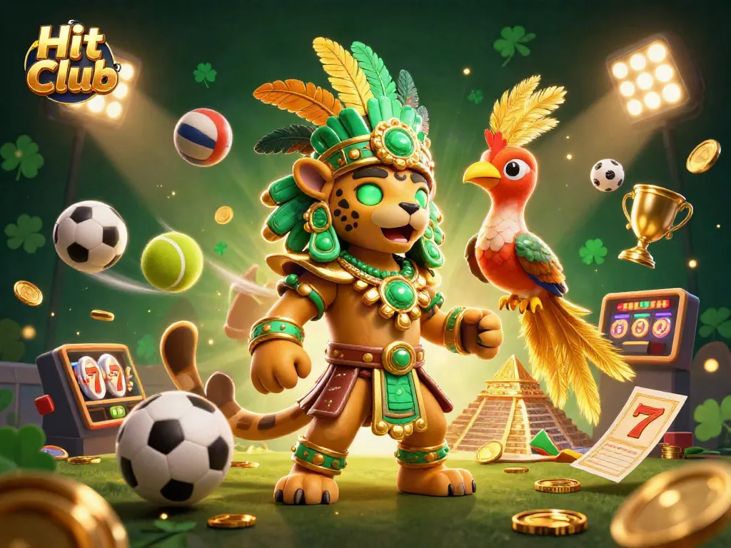 Engage with the chance to win at Hit Club, featuring vibrant 3D characters, sports elements, and casino excitement.