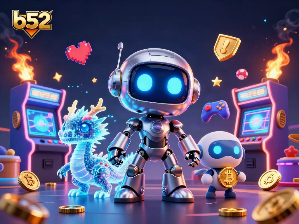 Play exciting b52 casino games with a vibrant scene featuring futuristic robots and rich gaming elements.
