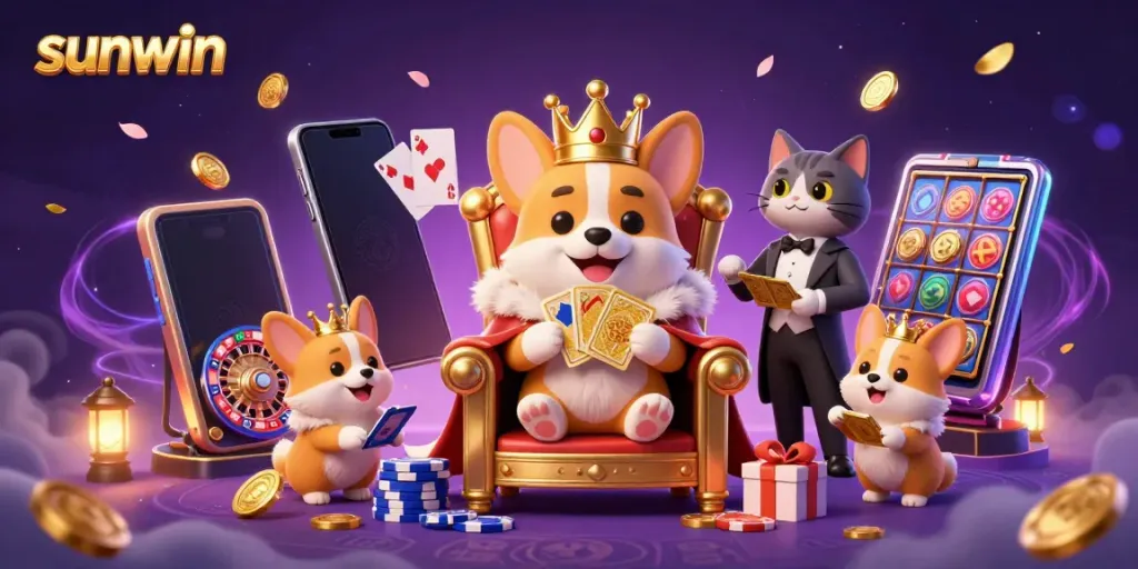 Experience excitement at Sunwin, where a royal corgi reigns over a vibrant casino scene of games and riches.