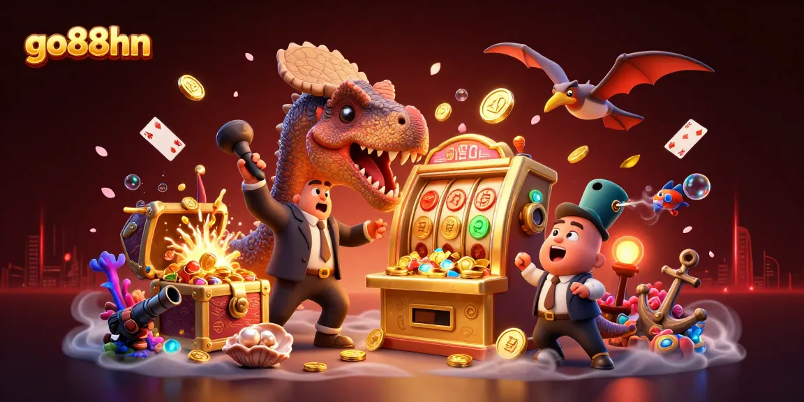 Experience go88hn excitement as dinosaurs interact with casino elements in vibrant 3D illustration.