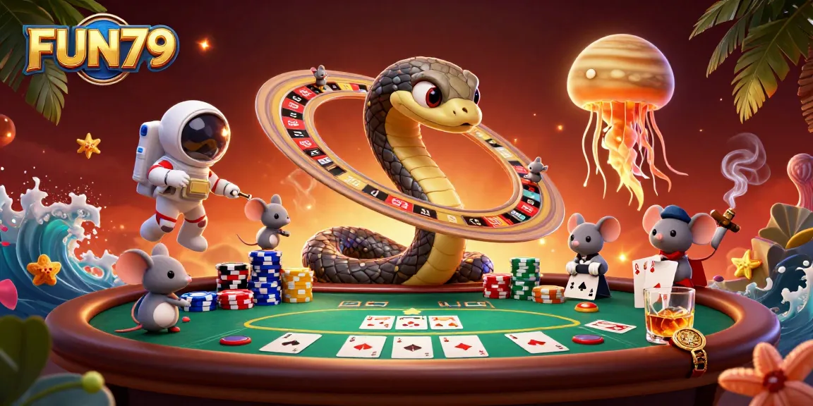 Engaged players enjoy FUN79 betting with vibrant casino elements in a stellar cosmic scene.