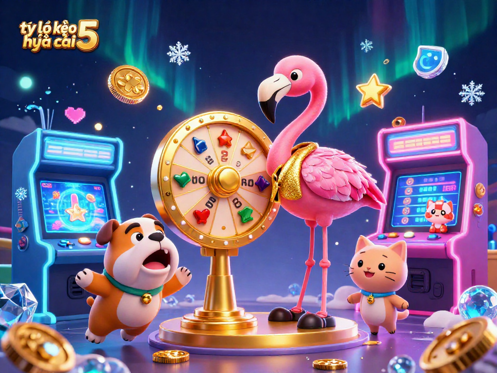 Engage with tỷ lệ kèo nhà cái 5 at a lively casino scene with a game show host and contestants.