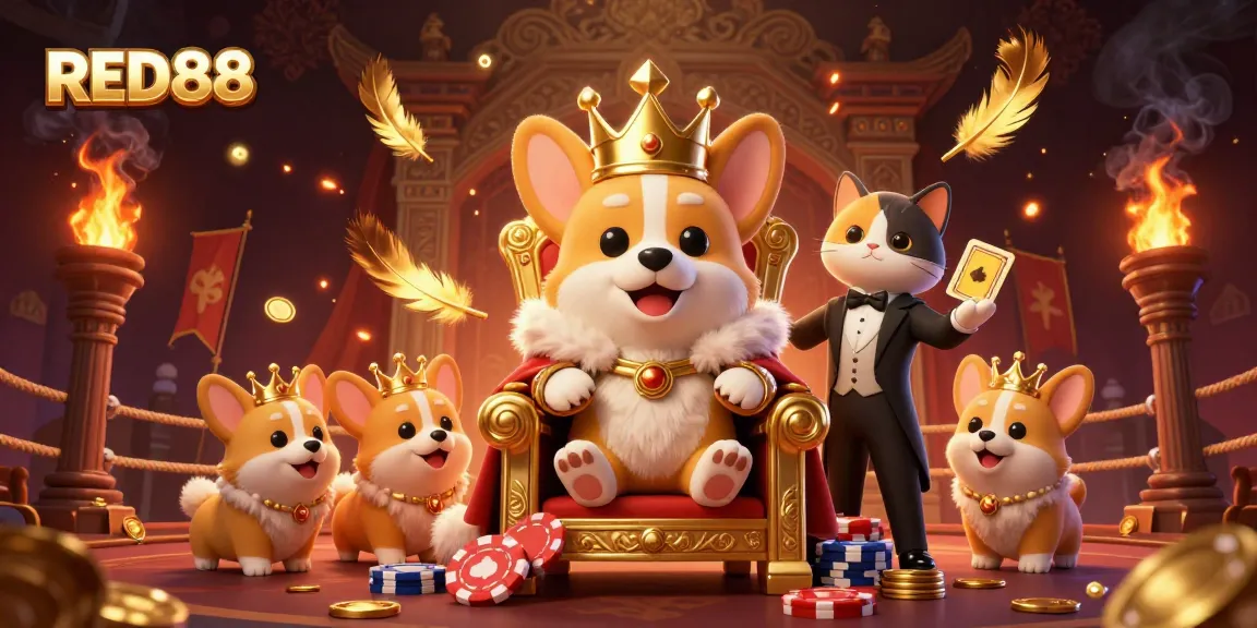 Engage with RED88's royal corgi throne scene, featuring gold coins and an elegant cat butler.