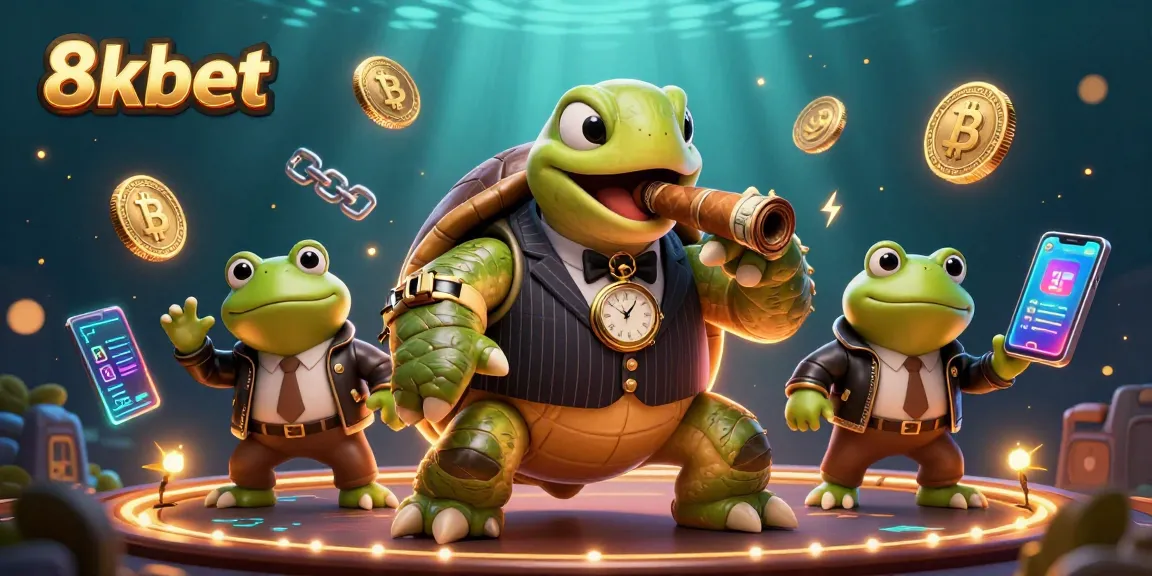 Engage with the vibrant world of 8kbet as a cartoon turtle mobster and bullfrog enforcers illuminate the casino scene.
