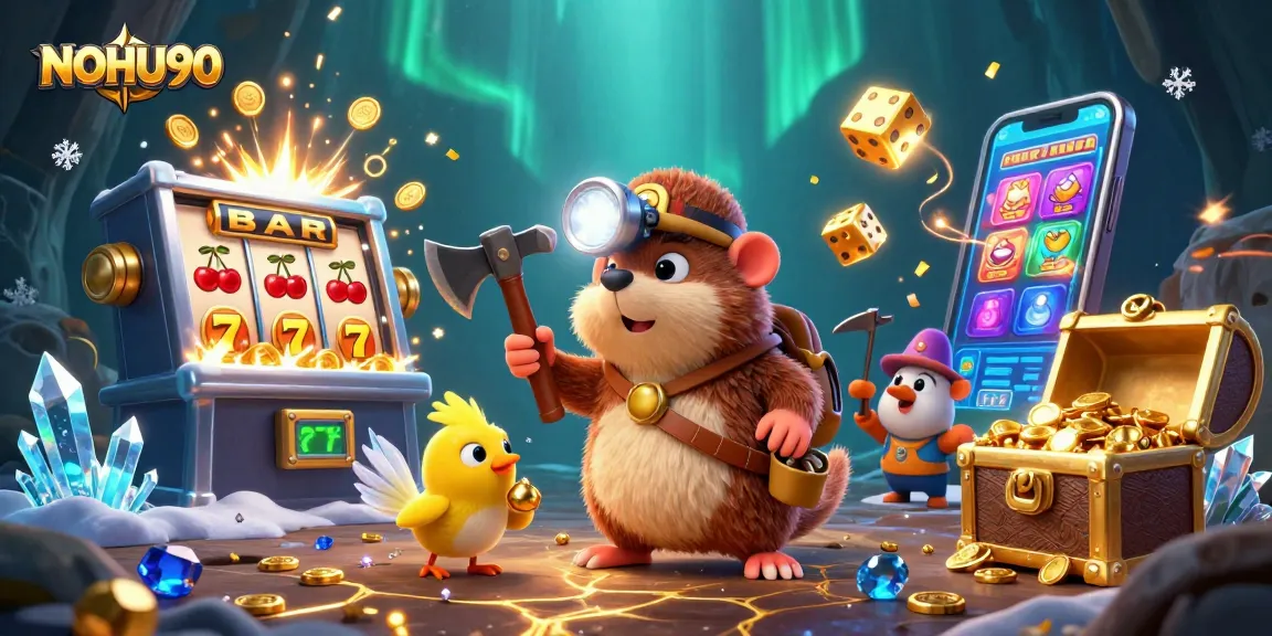 Win exciting jackpots at NOHU90 with animated treasure hunter and slot symbols glowing