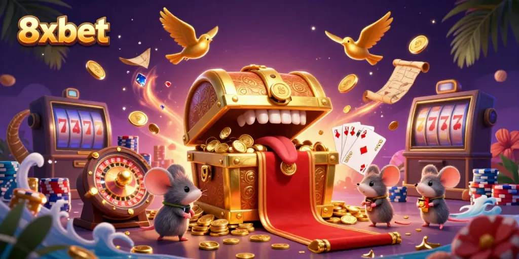 Experience online gaming excitement with 8xbet through this vibrant 3D casino scene featuring treasure and rich rewards.