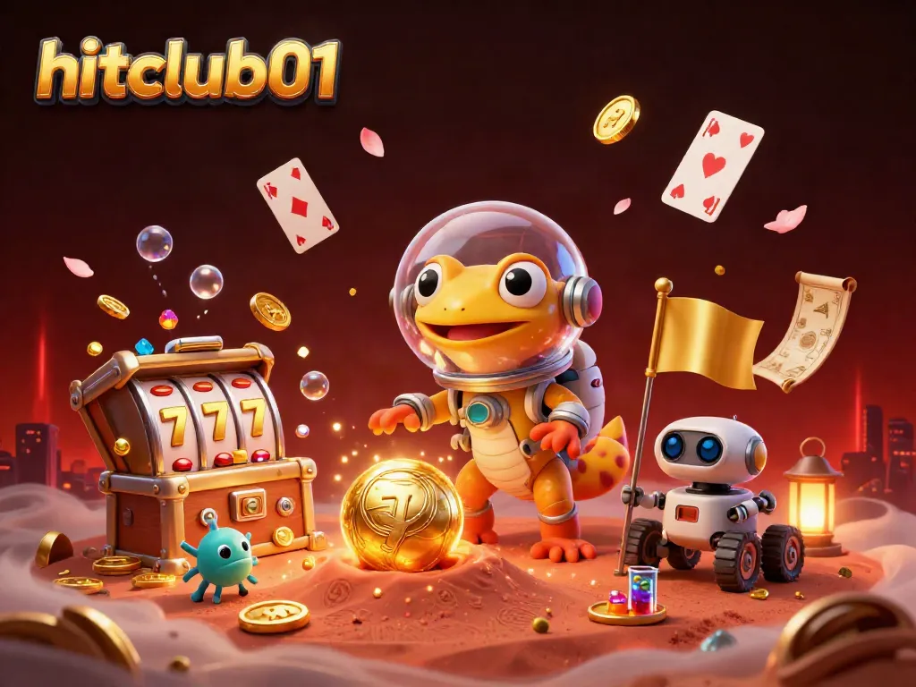 Experience excitement at hitclub01 with a Martian gecko discovering a golden casino filled with treasures.