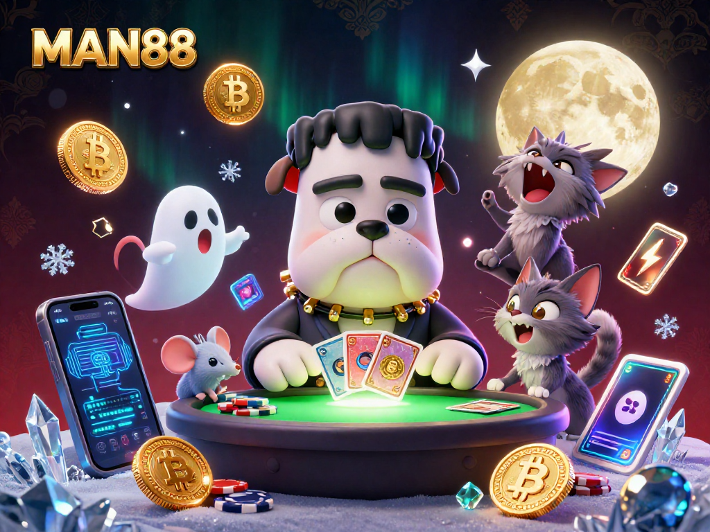 Join the fun with MAN88 as a Frankenstein bulldog monster deals cards at a spooky casino table.