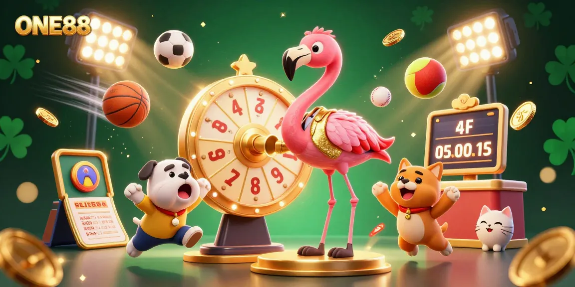 ONE88 casino prize wheel spins as a bulldog jumps for excitement in a vibrant gaming scene.