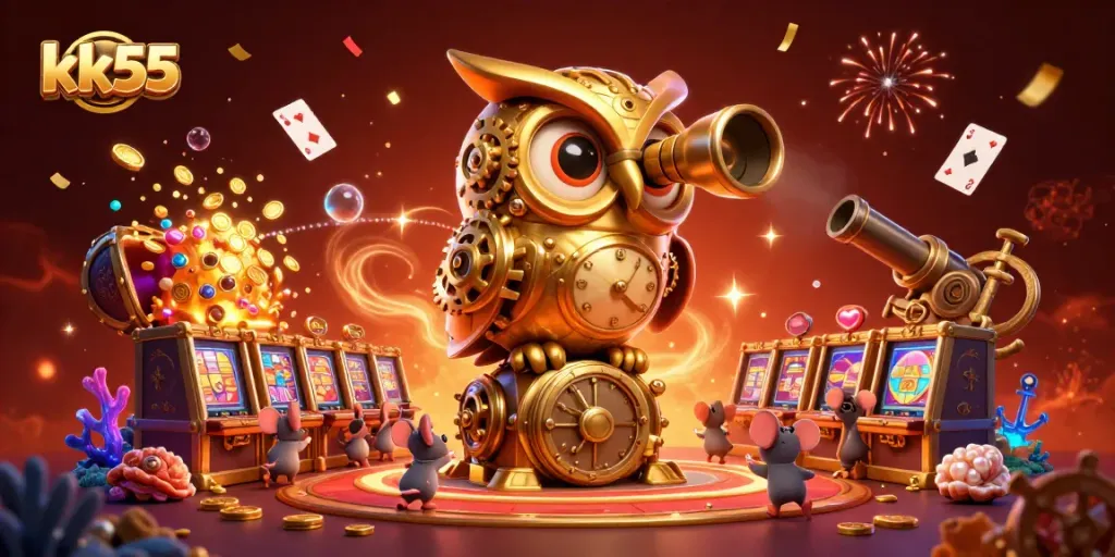 Experience the excitement of gaming at kk55 with golden owl and animated casino elements