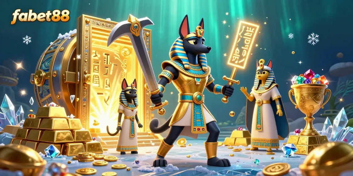 Experience thrilling wins at fabet88 with a dynamic 3D illustration showcasing Anubis and Bastet in an energetic casino scene.