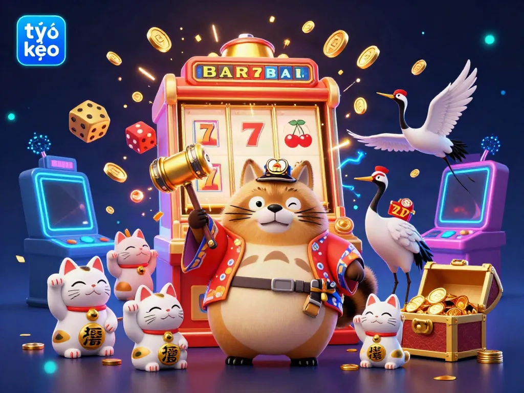 Experience excitement with tỷ lệ kèo in a whimsical scene featuring cheerful tanuki, golden dice, and festive slot machine details.