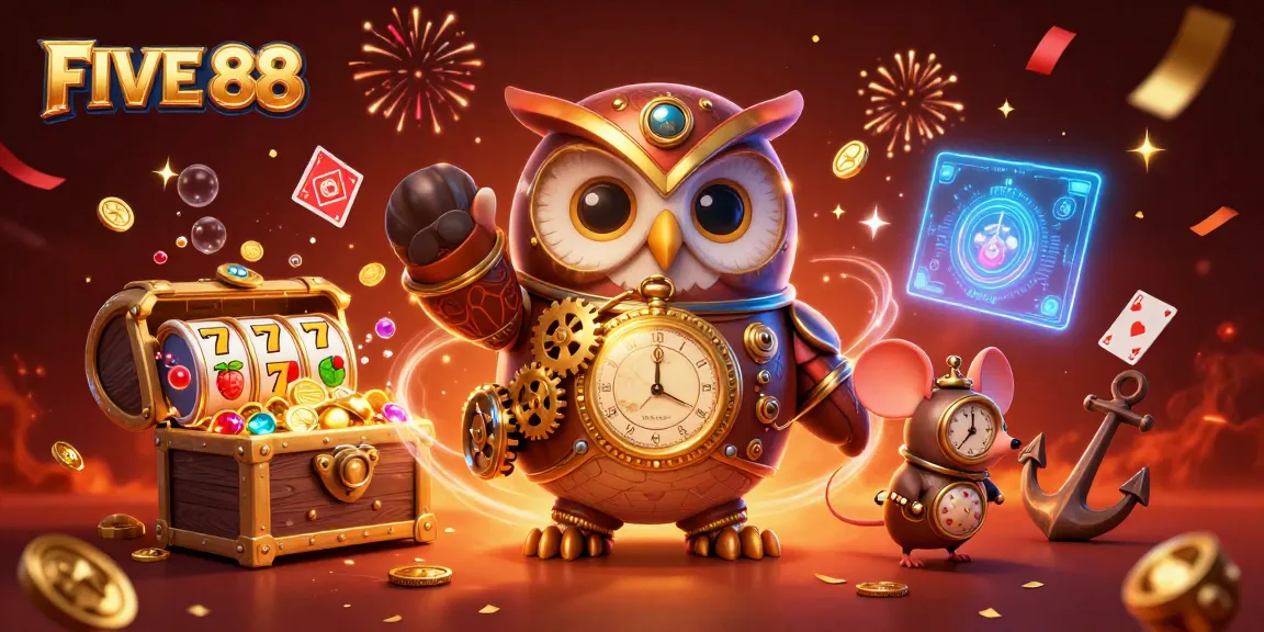 Experience excitement with FIVE 88, where the owl and mouse guide players through a vivid casino world.