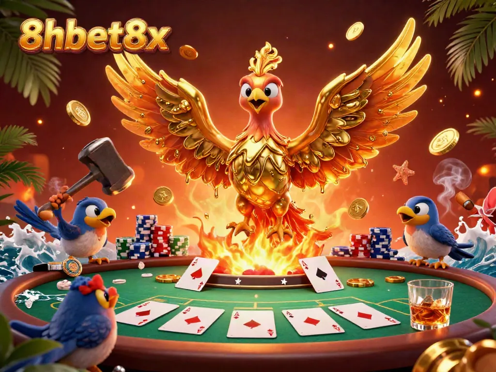 Experience thrilling gameplay and dynamic casino action with 8xbet8x in this vibrant 3D digital illustration.