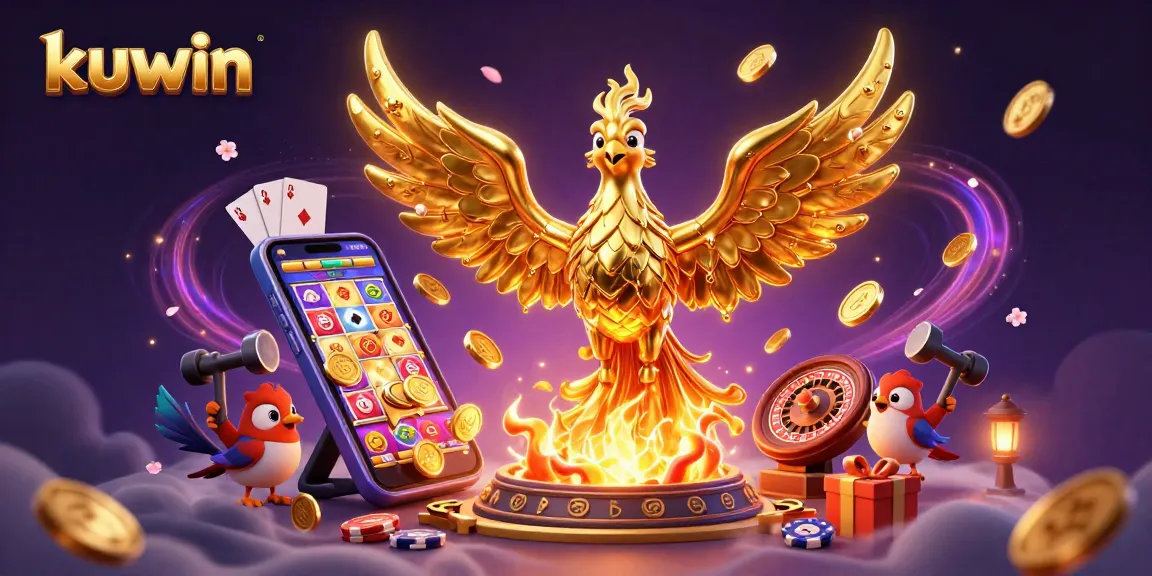 Experience the thrill of kuwin's gaming universe with vibrant slot reels and golden coins.