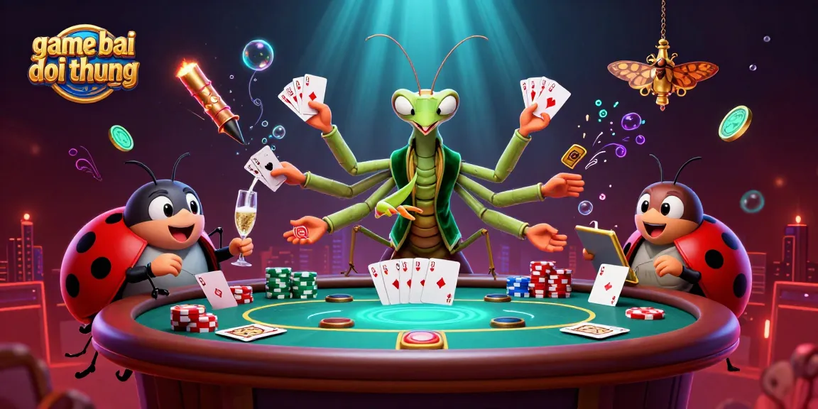 Experience thrilling game bai doi thuong action with giant mantis dealer and ladybug pit boss in vibrant 3D illustration