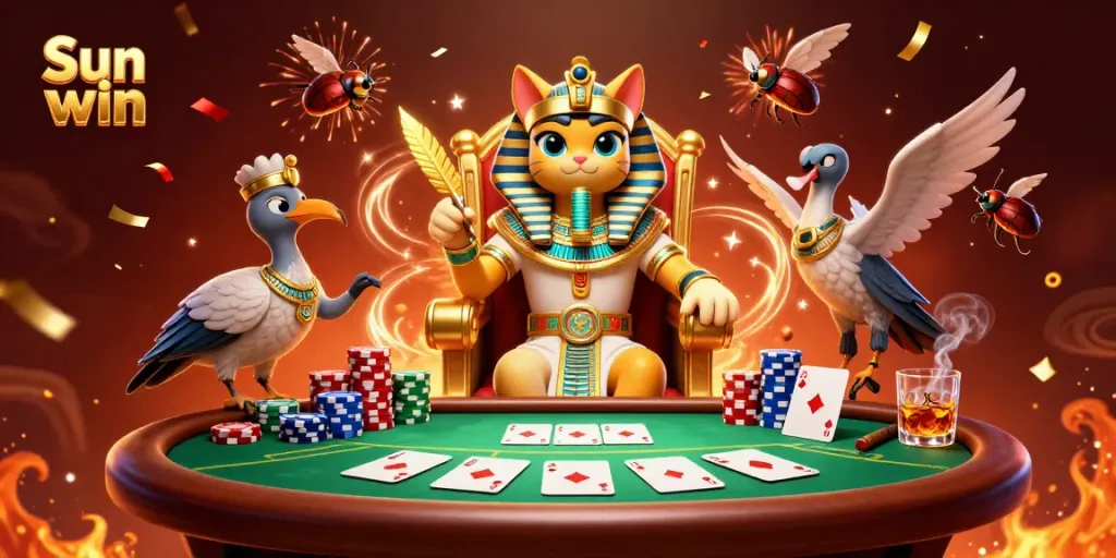 Join the Sun win adventure by winning poker chips with an Egyptian pharaoh cat in a vibrant casino