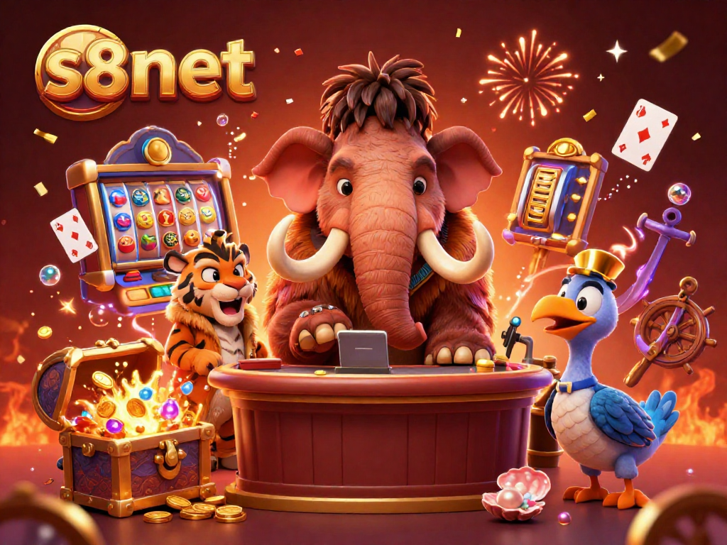 S8net invites players to experience vibrant gaming with a captivating casino scene featuring iconic characters and lively elements.