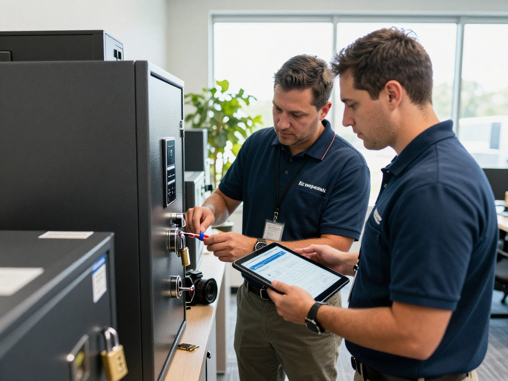 Commercial locksmith Port St. Lucie technicians working on-site, demonstrating professional lock rekeying services in a modern office.