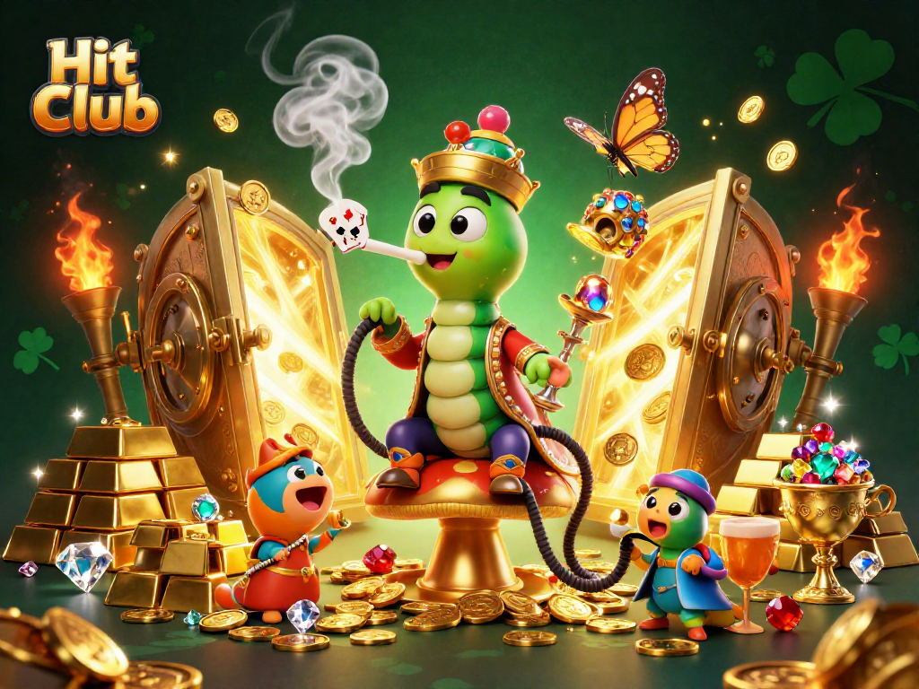 Experience the thrilling essence of Hit Club with a captivating 3D illustration featuring rich gambling elements and vibrant characters.