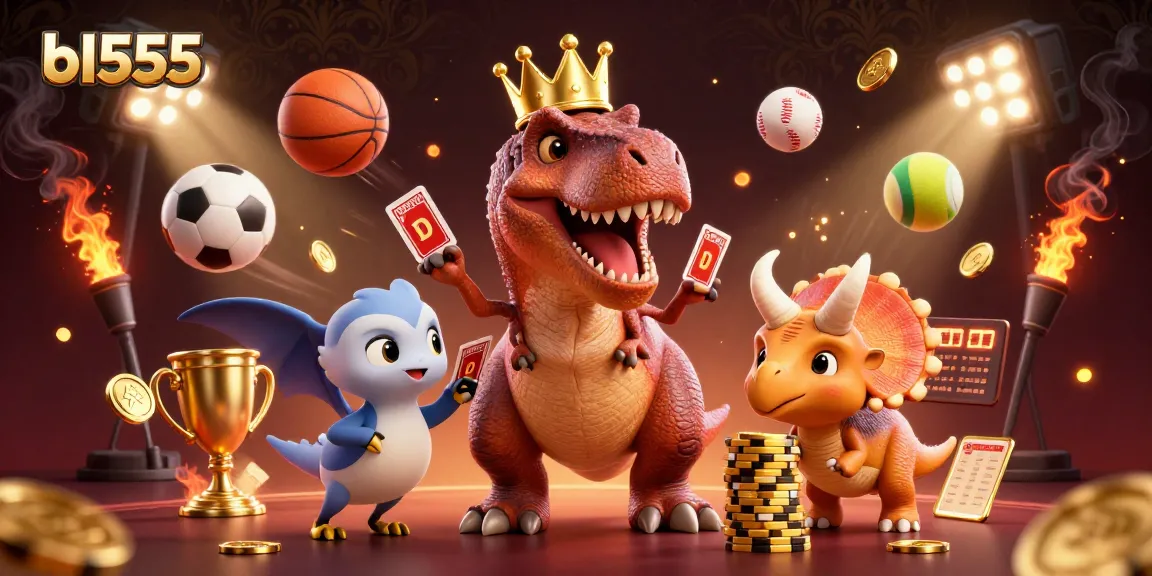 bl555 showcases a vibrant scene with a T-Rex shuffling cards amid flying sports balls in a whimsical casino.