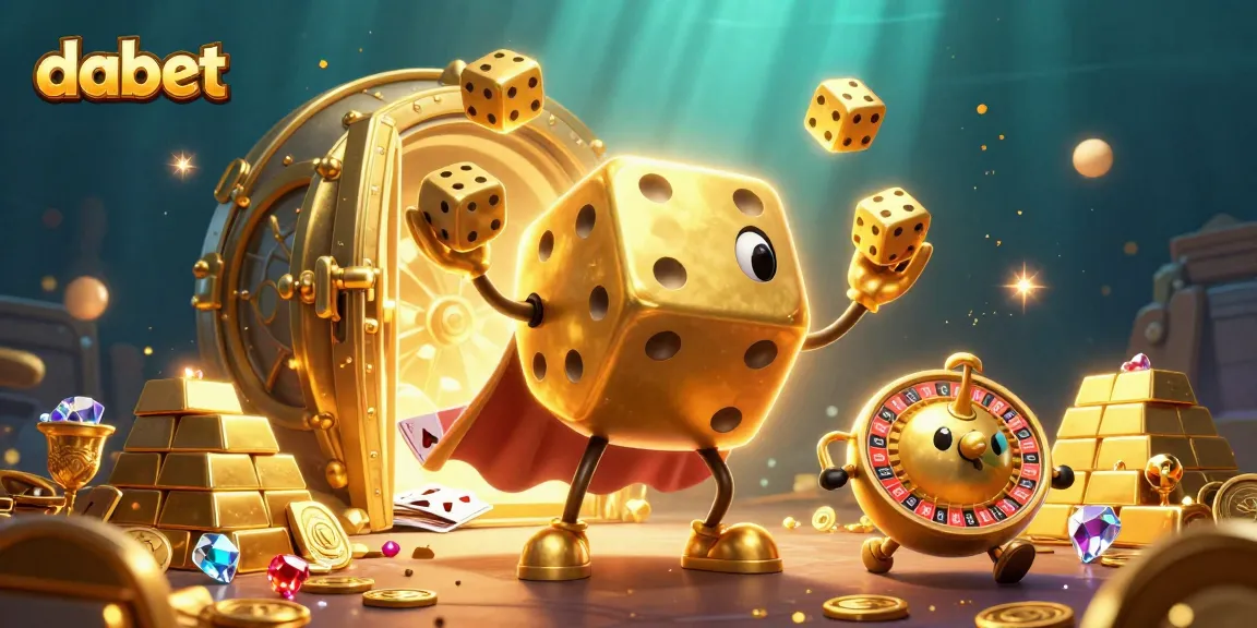 Dabet features a golden dice golem and treasures, highlighting the excitement of casino gaming.