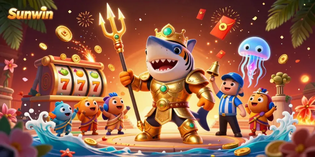 Join the thrilling action at Sunwin with a fierce shark gladiator in a vibrant casino colosseum.