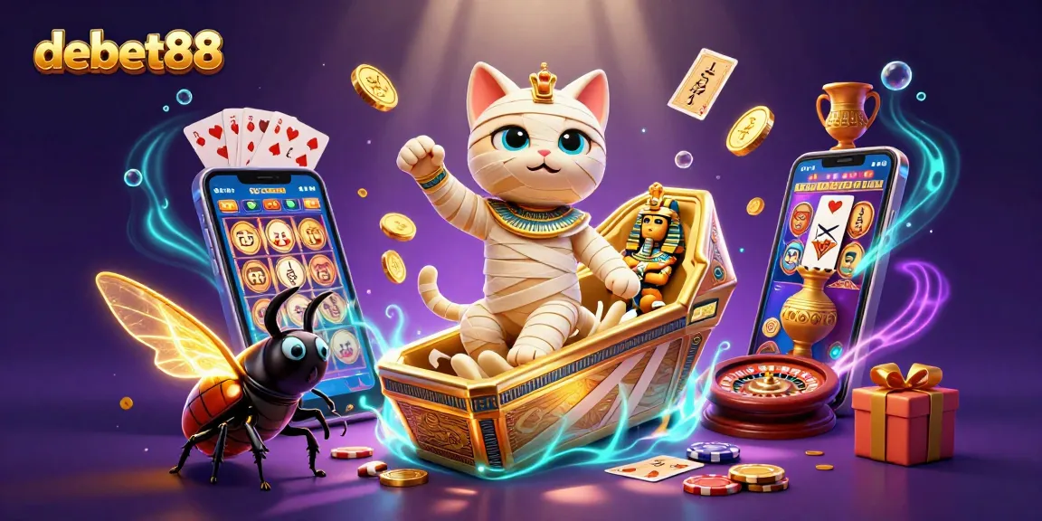 Experience debet88's thrilling casino scene with an Egyptian mummy cat and vibrant gaming elements.