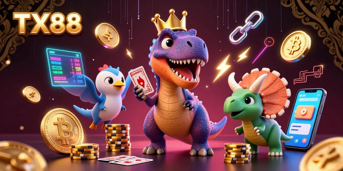 Engage in exciting gambling adventures with TX88 featuring a T-Rex and friends playing cards.