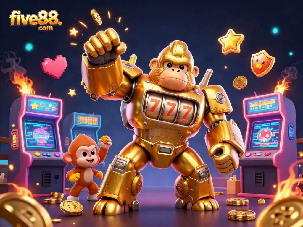 Experience exciting gaming action at five88. com with a dynamic casino illustration featuring a golden gorilla mech.