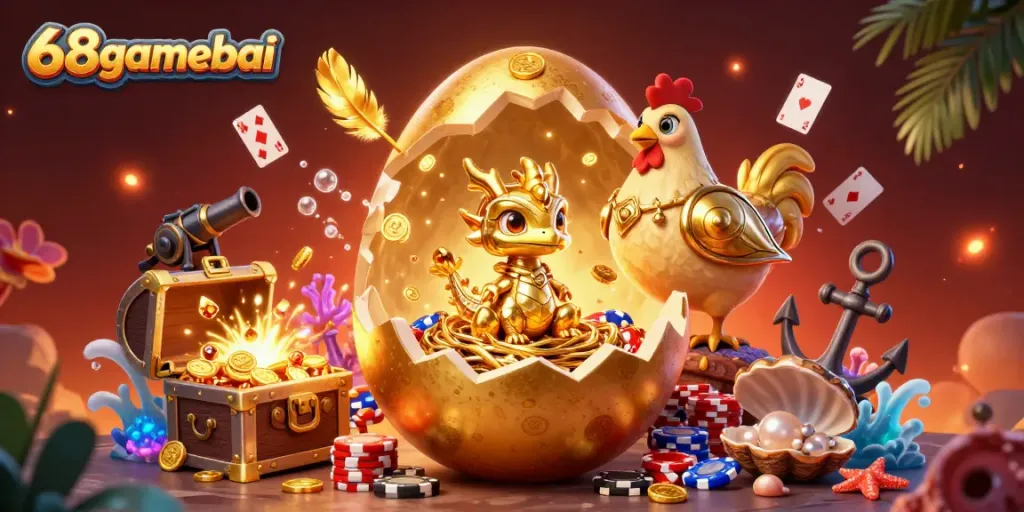 Explore the vibrant world of 68gamebai with a golden dragon amidst casino elements in a dazzling scene.