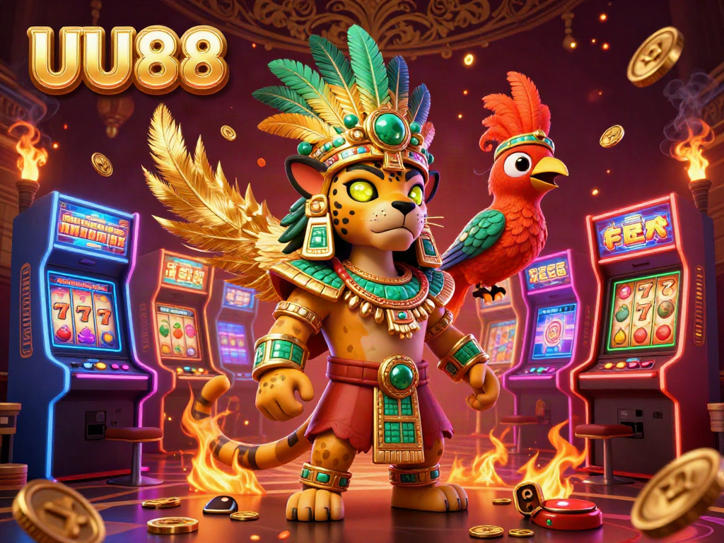 Experience the excitement of UU88 with a vibrant casino scene featuring a Mayan priest, colorful games, and glowing elements.