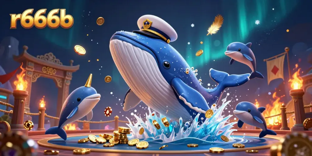 Experience exciting gaming with r666b's vibrant whale and dolphin scene amidst dazzling casino elements.