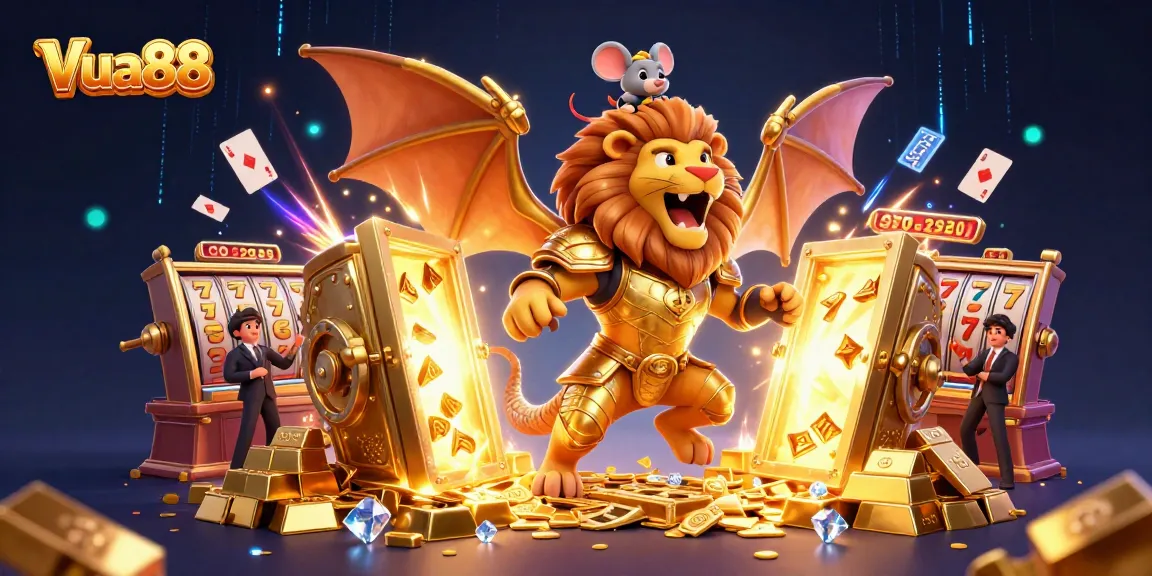 Experience thrilling gaming at Vua88 with a 3D chimera and golden treasures in a dynamic casino scene.