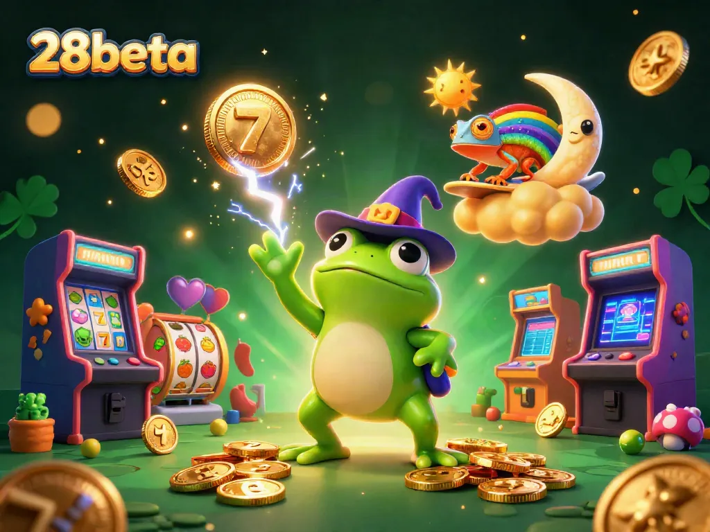 Spin to win with 28beta's vibrant casino scene featuring a lucky frog and chameleon.