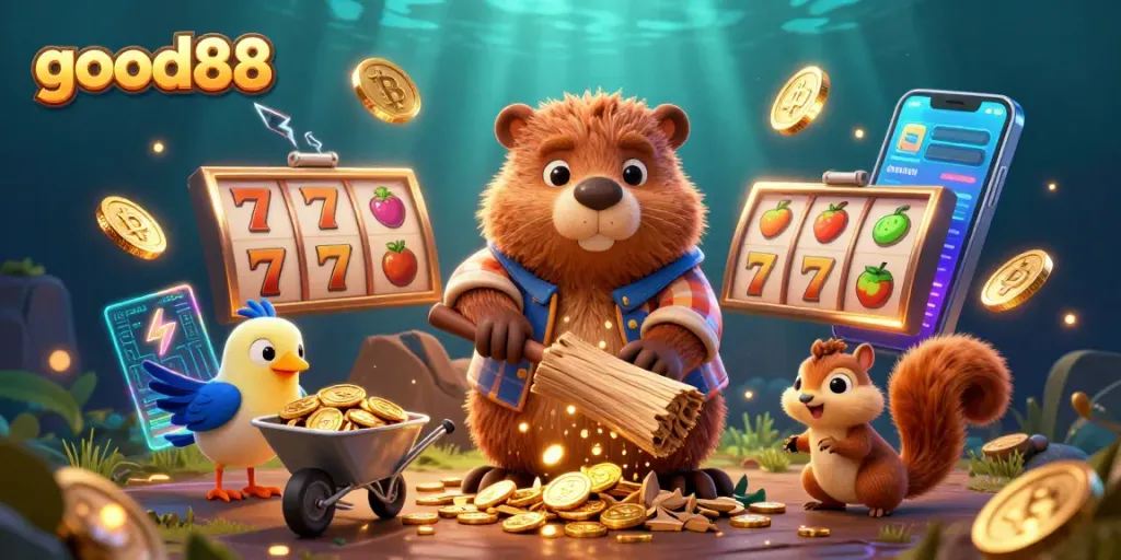 Experience big wins at good88 with vibrant slot games featuring golden coin rains and lively characters.