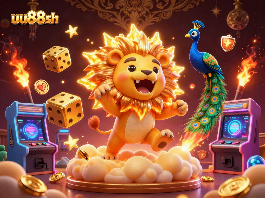 Bet on excitement with uu88sh featuring a sun lion and golden dice in a vibrant, dynamic casino scene.