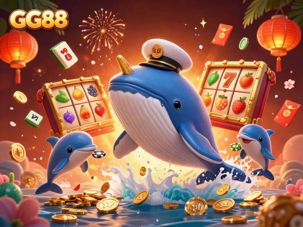 Experience GG88's thrilling casino adventure with a whale, narwhal, and dolphins amidst vibrant slots.
