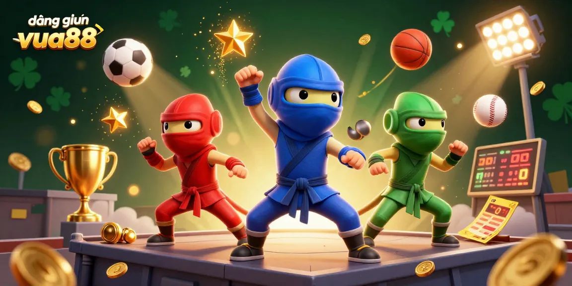 Engage in the action of đăng nhập vua88 with dynamic characters and sports elements in a vibrant casino illustration.
