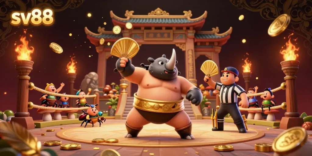 Sumo champion rhinoceros beetle at sv88 casino, surrounded by golden coins and cheering spectators.