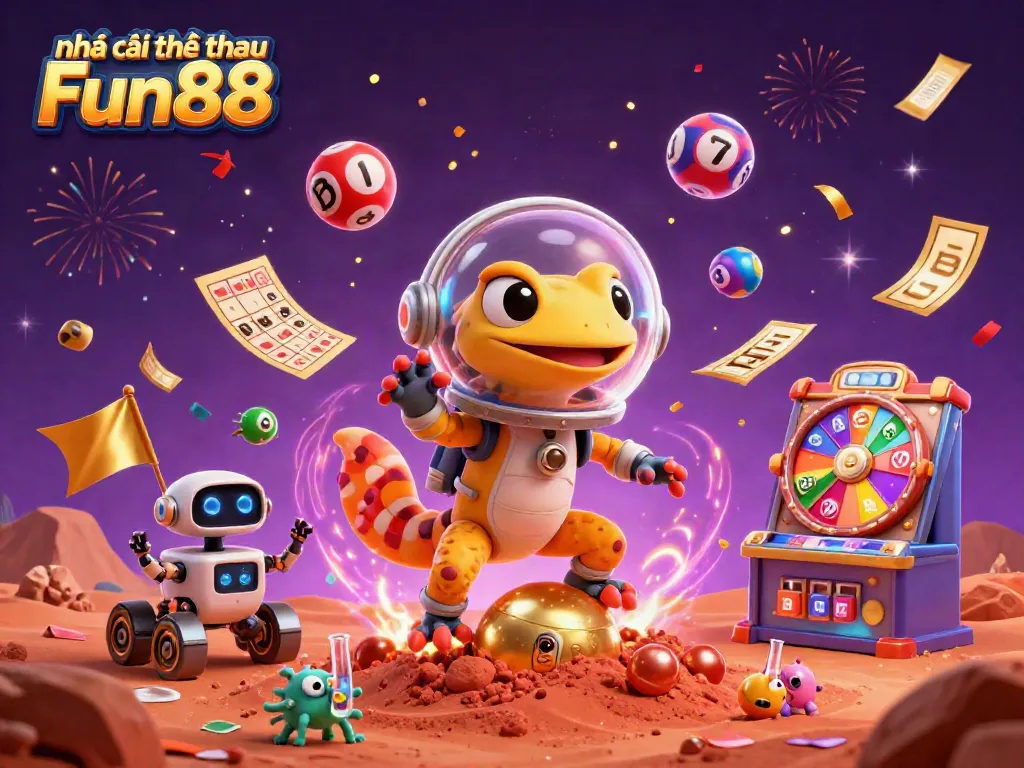 Celebrate winning moments at Nhà cái thể thao Fun88 with vibrant lottery balls and cheerful characters.
