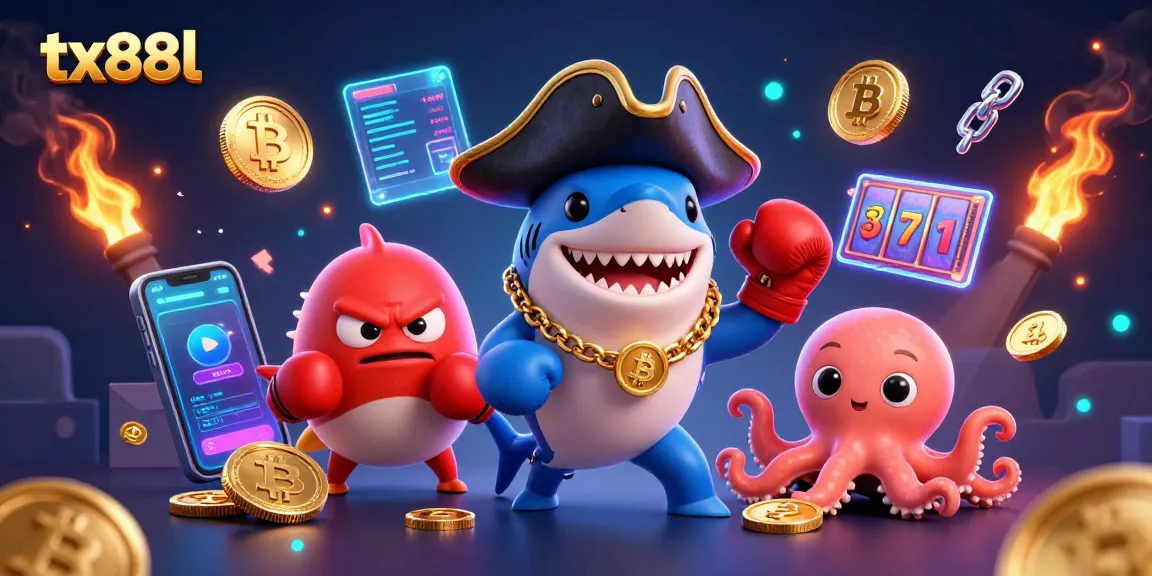 tx88l showcases a vibrant gaming scene with cartoon characters engaging in thrilling slots, surrounded by crypto elements.