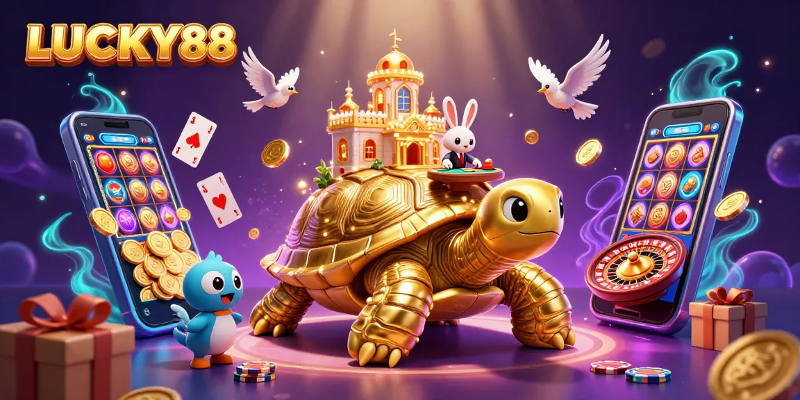 LUCKY88 players enjoy vibrant casino experiences with a golden tortoise and rabbit dealer.