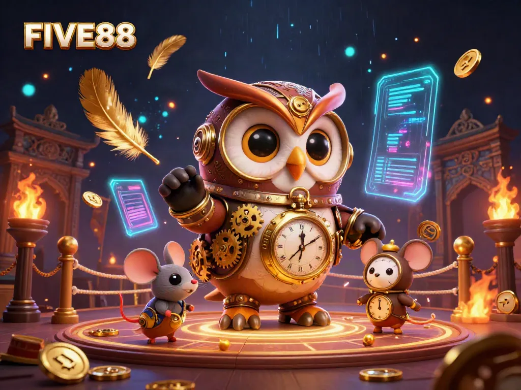 Experience thrilling action at FIVE88 casino with a dynamic scene featuring a time-traveling owl and steampunk elements.