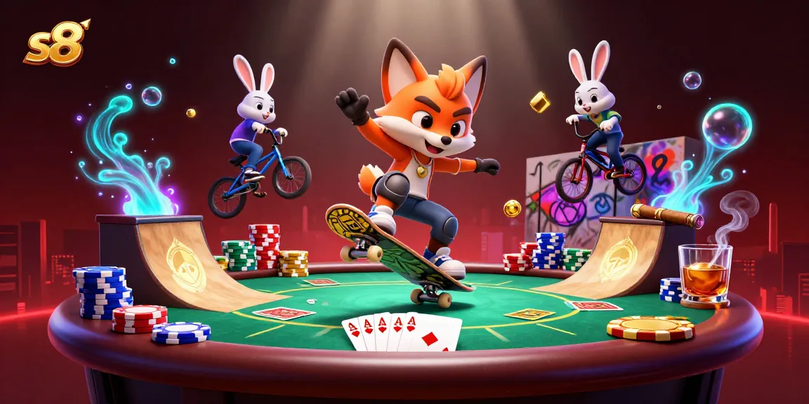 Experience exhilarating gameplay at s8 with a skateboarder fox and BMX rabbit in a vibrant casino scene.