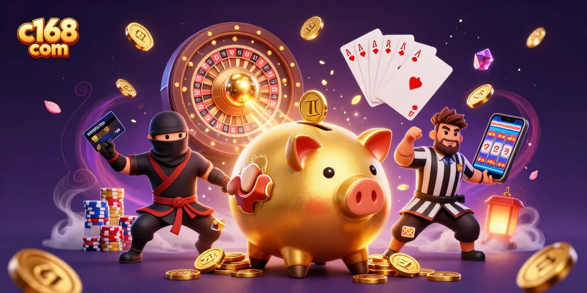 Engage with thrilling gaming moments at c168 com featuring a vibrant casino scene with dynamic characters and sparkling elements.