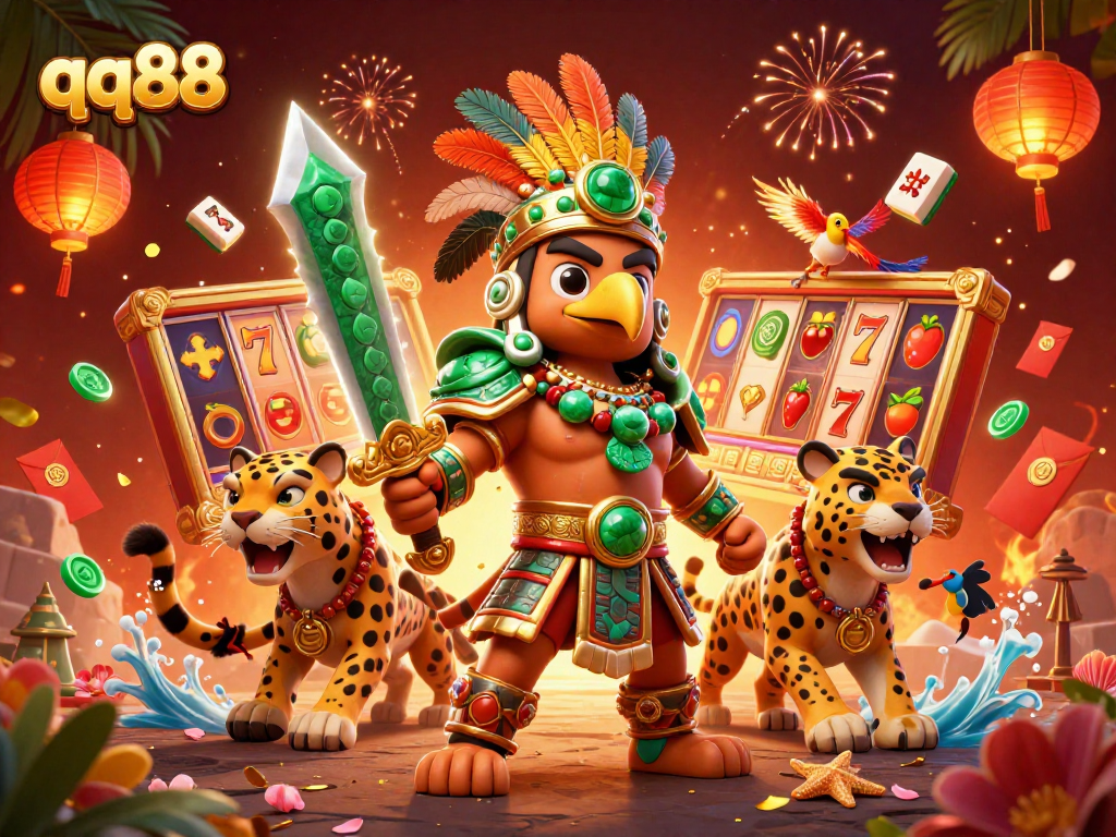 Engage with qq88's vibrant 3D scene showcasing excitement and winning potential of casino gaming.